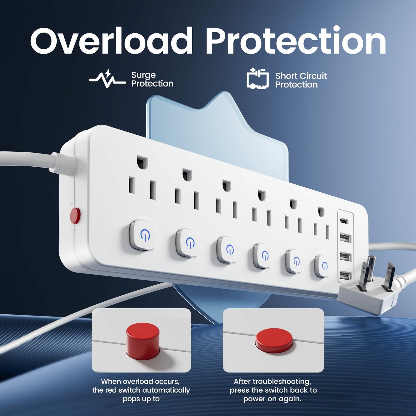 Regleta de enchufes 10 en 1 – 6 de CA, 3 USB-A, 1 Tipo-C