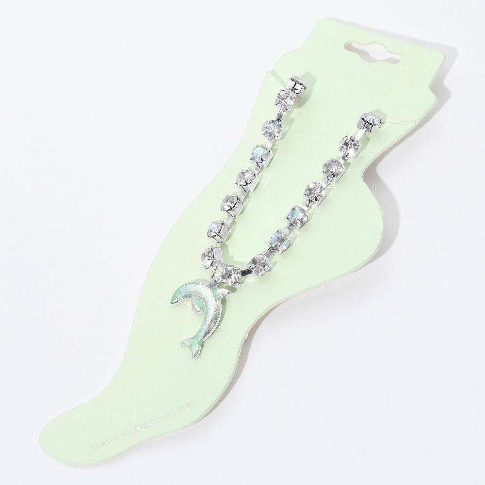 Enamel Dolphin Charm Round Stone Anklet