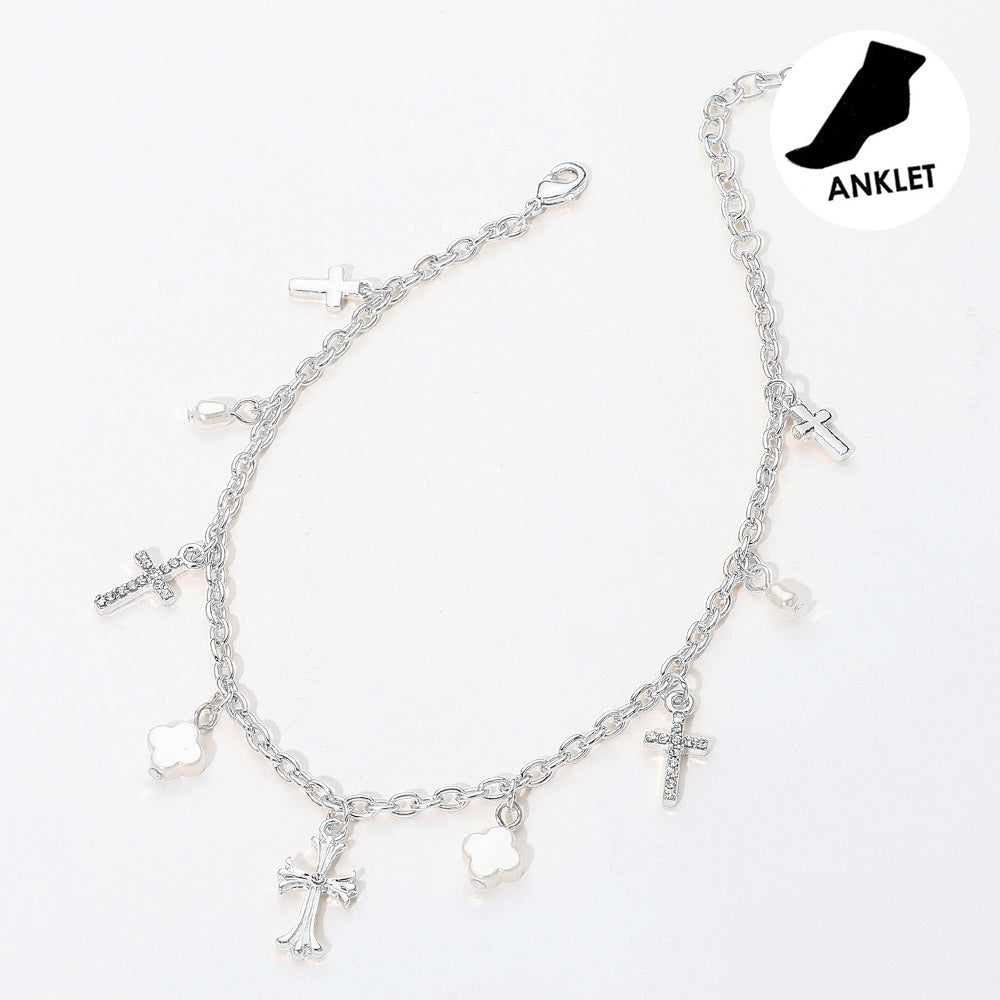 Cross Pearl Quatrefoil Charm Station Anklet