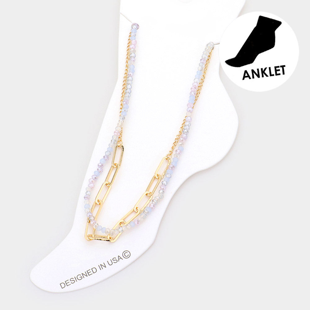 Faceted Beaded Open Metal Oval Link Double Layered Anklet