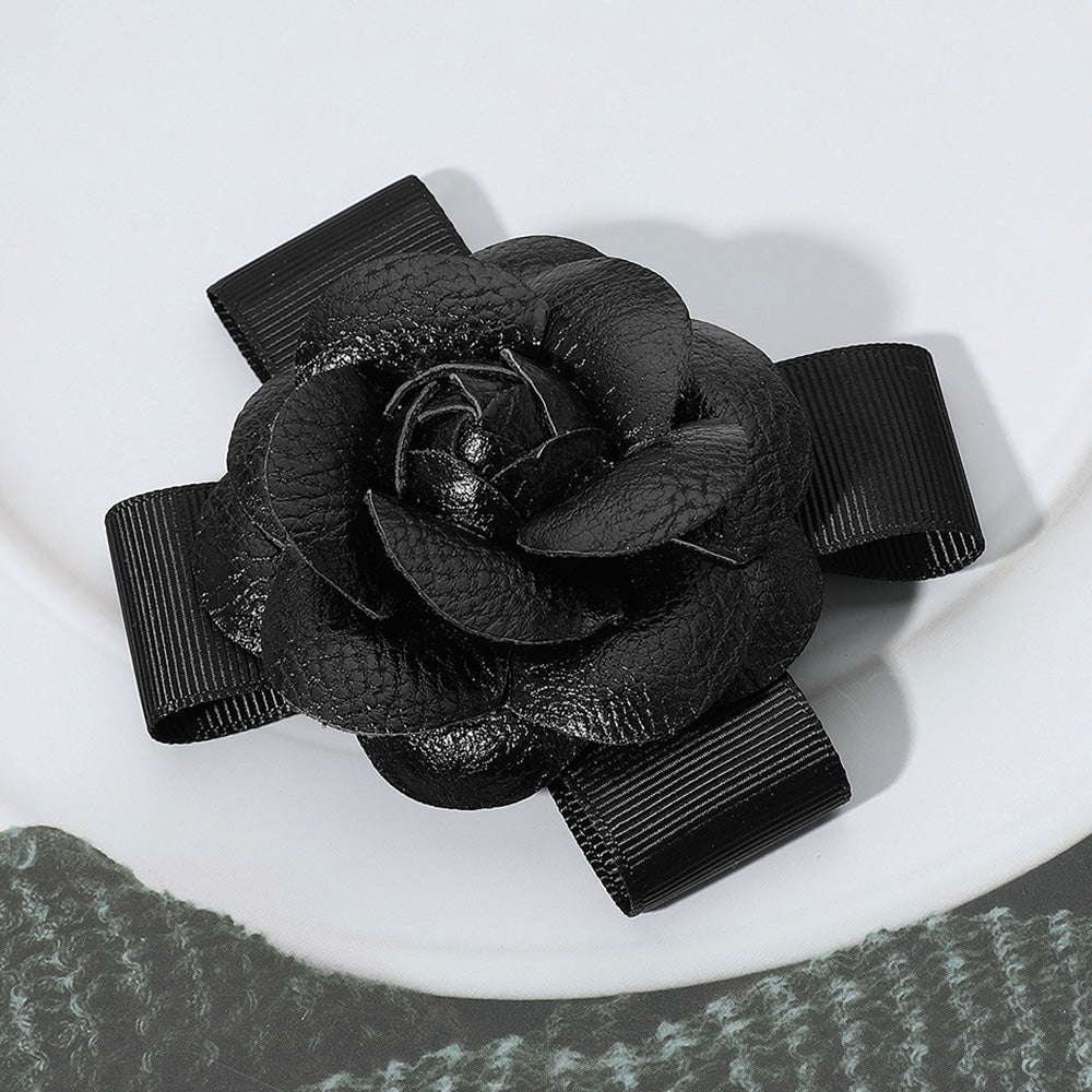 Faux Leather Flower Bow Pin Brooch Hair Clip