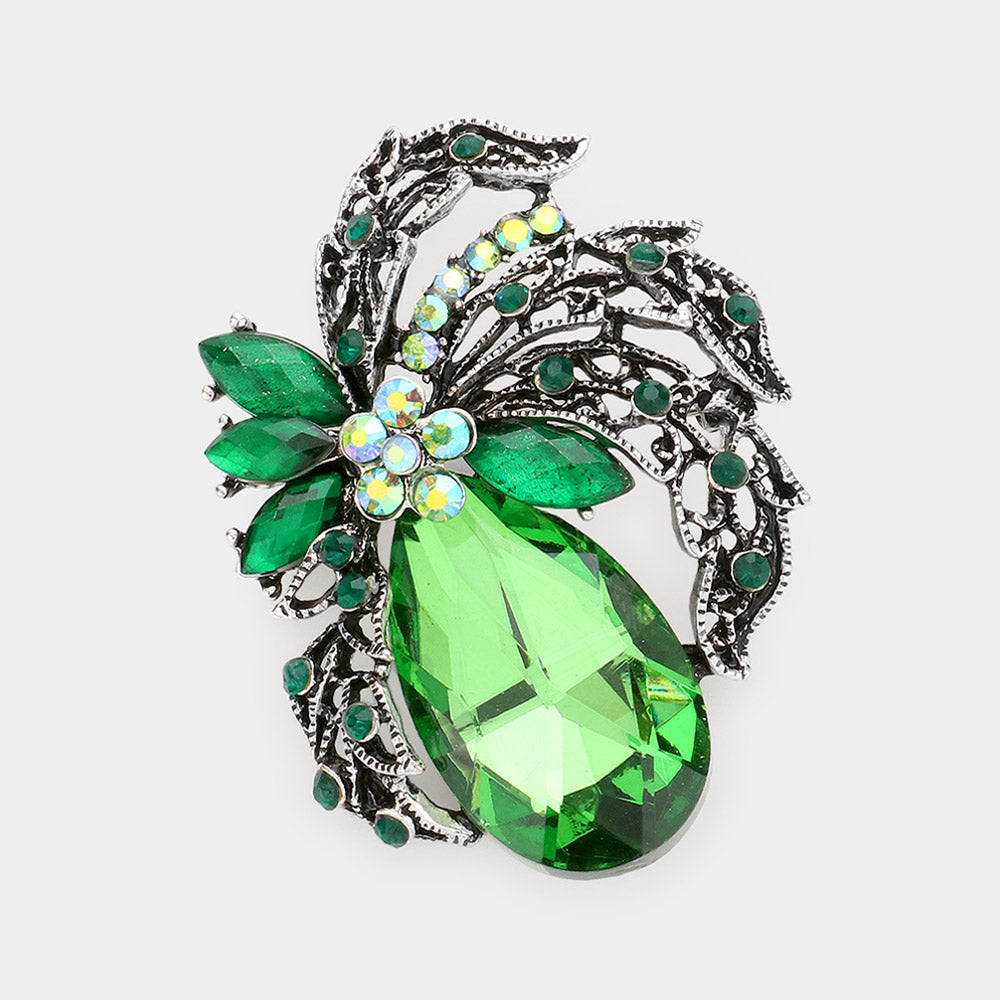 Teardrop Stone Accented Leaf Pin Brooch