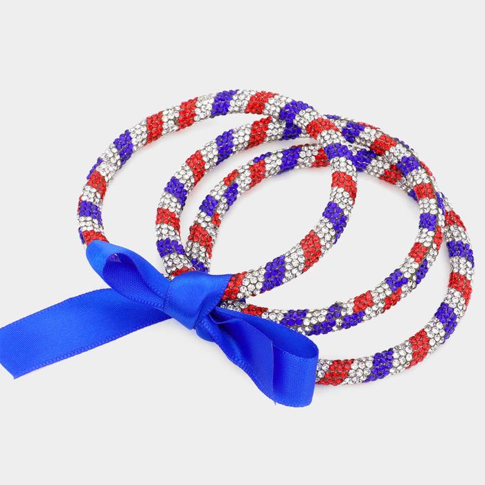 3PCS - American USA Flag Rhinestone Pave Bangle Layered Bracelets