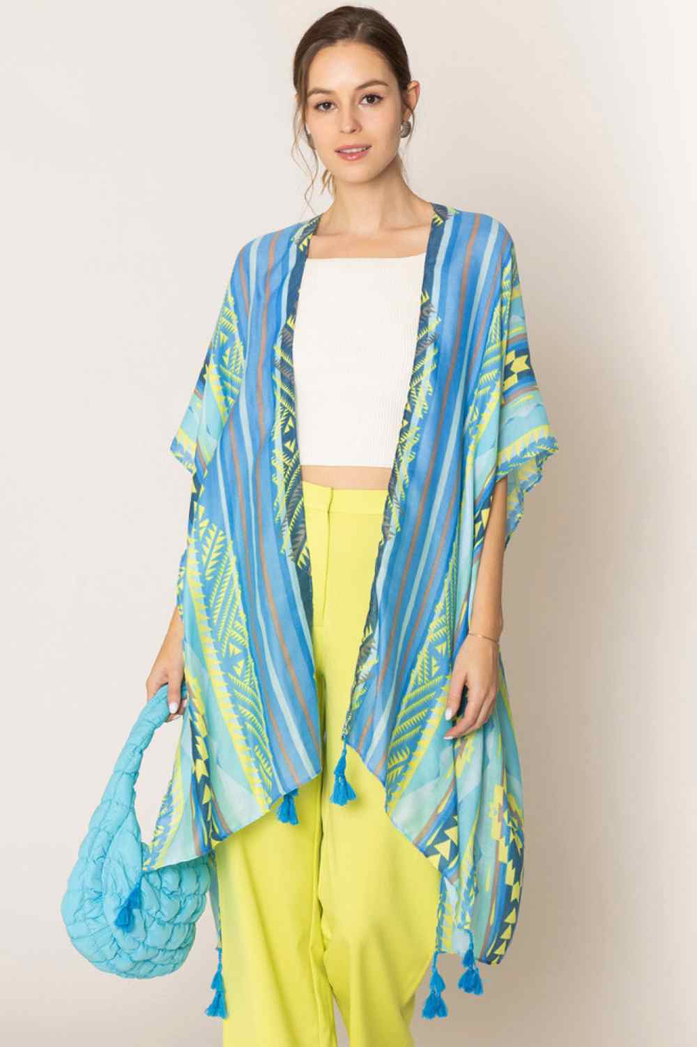 Bold Aztec Pattern Stripe Tassel Kimono