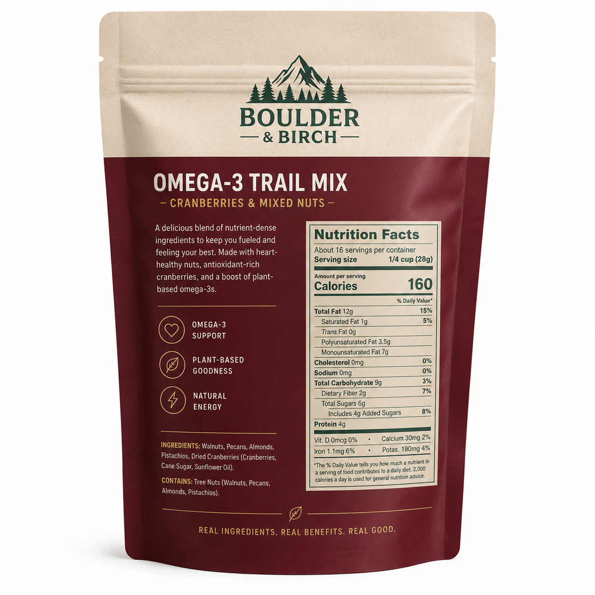 Boulder & Birch Omega-3 Trail Mix – Cranberries & Mixed Nuts
