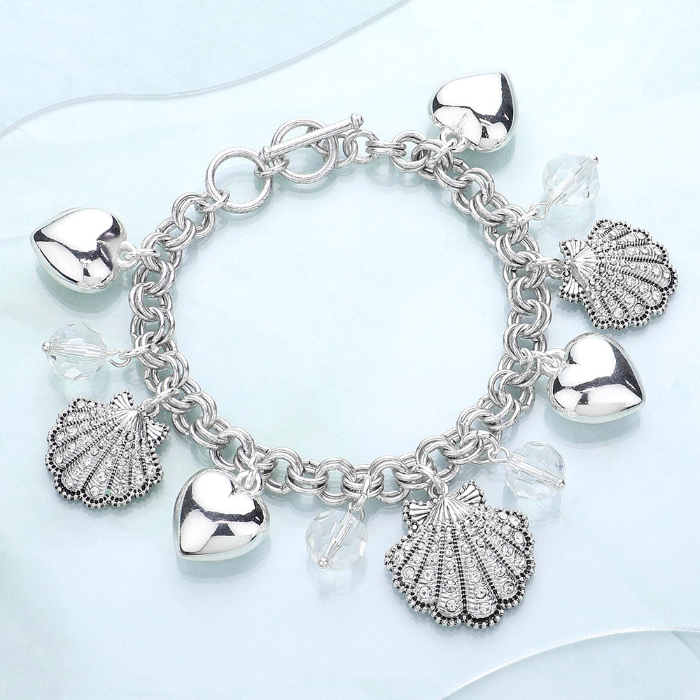 Rhinestone Embellished Shell Metal Heart Charm Station Toggle Bracelet