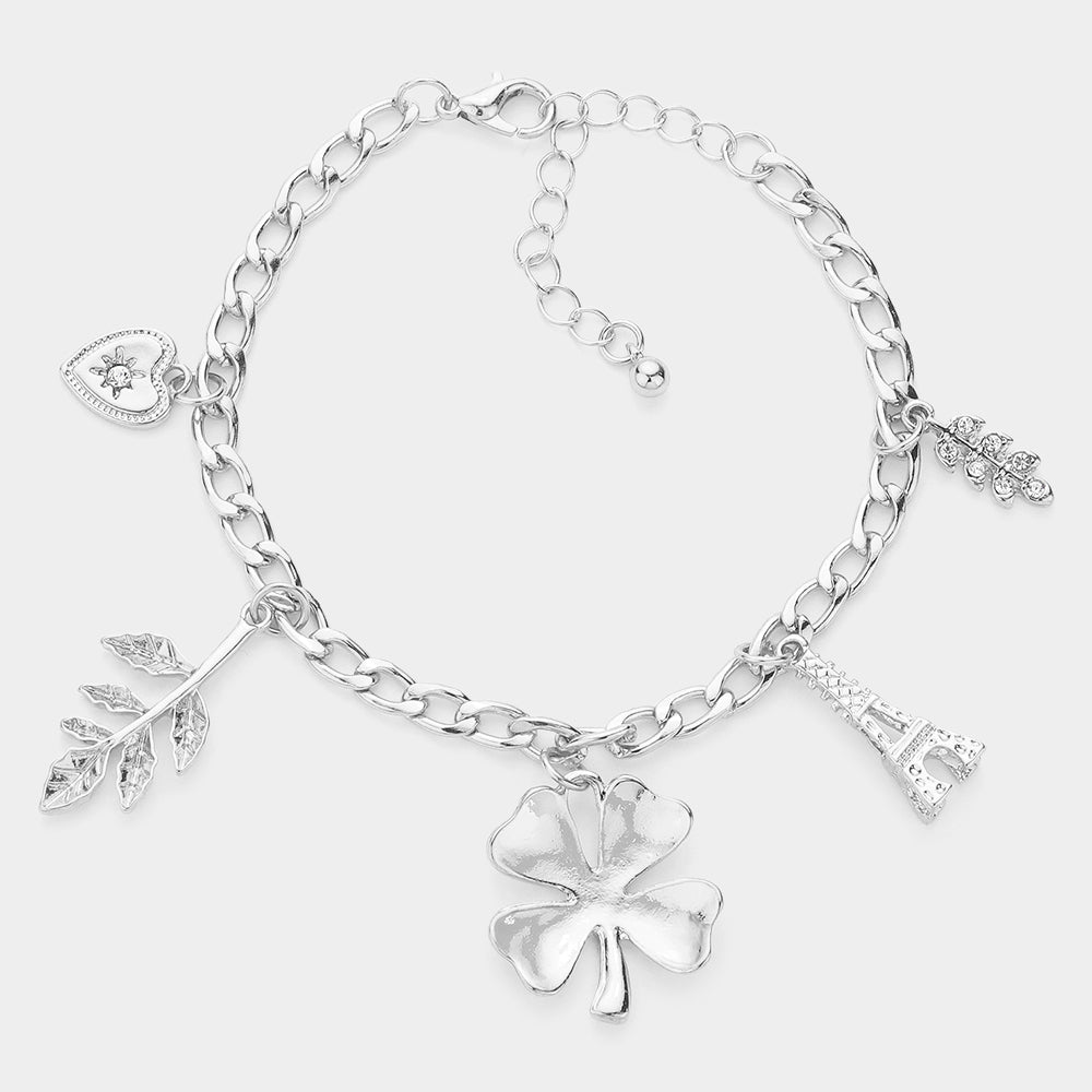 Heart Leaf Clover Eiffel Tower Charm Station Bracelet