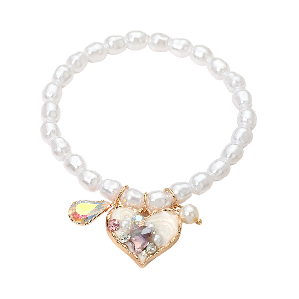 Heart Teardrop Stone Charm Pearl Beaded Stretch Bracelet