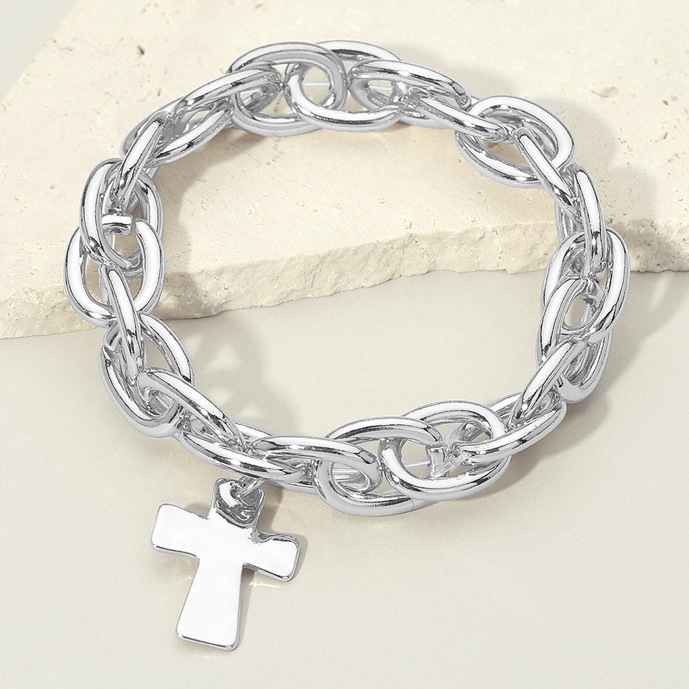 Women's Metal Cross Charm Chunky Chain Link Stretch Bracelet