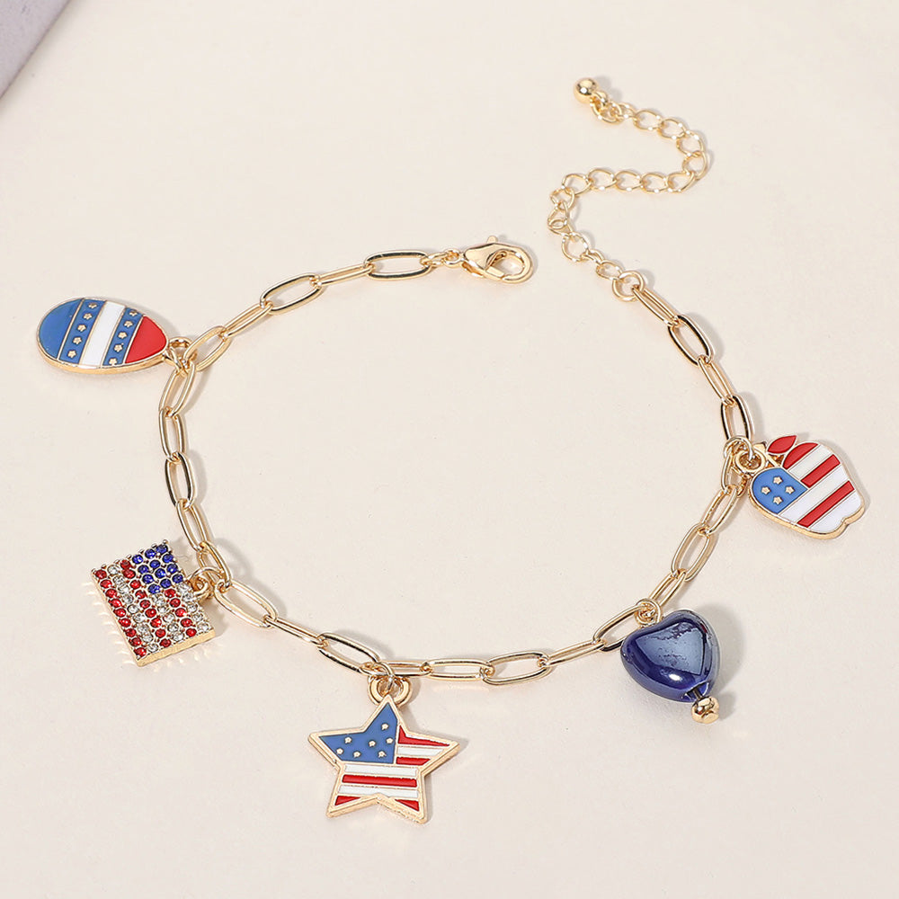 Enamel American USA Flag Star Apple Egg Heart Charm Station Paperclip Chain Bracelet