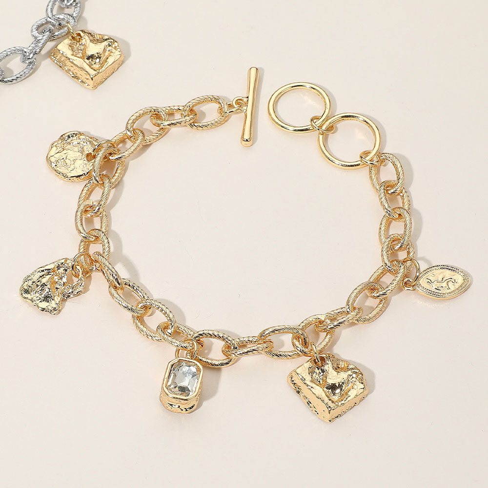 Geometric Textured Charm Station Chunky Chain Toggle Bracelet