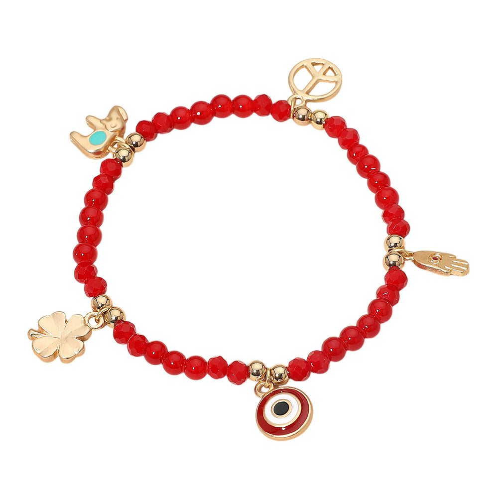 Evil Eye Clover Peace Elephant Hamsa Hand Charm Beaded Stretch Bracelet