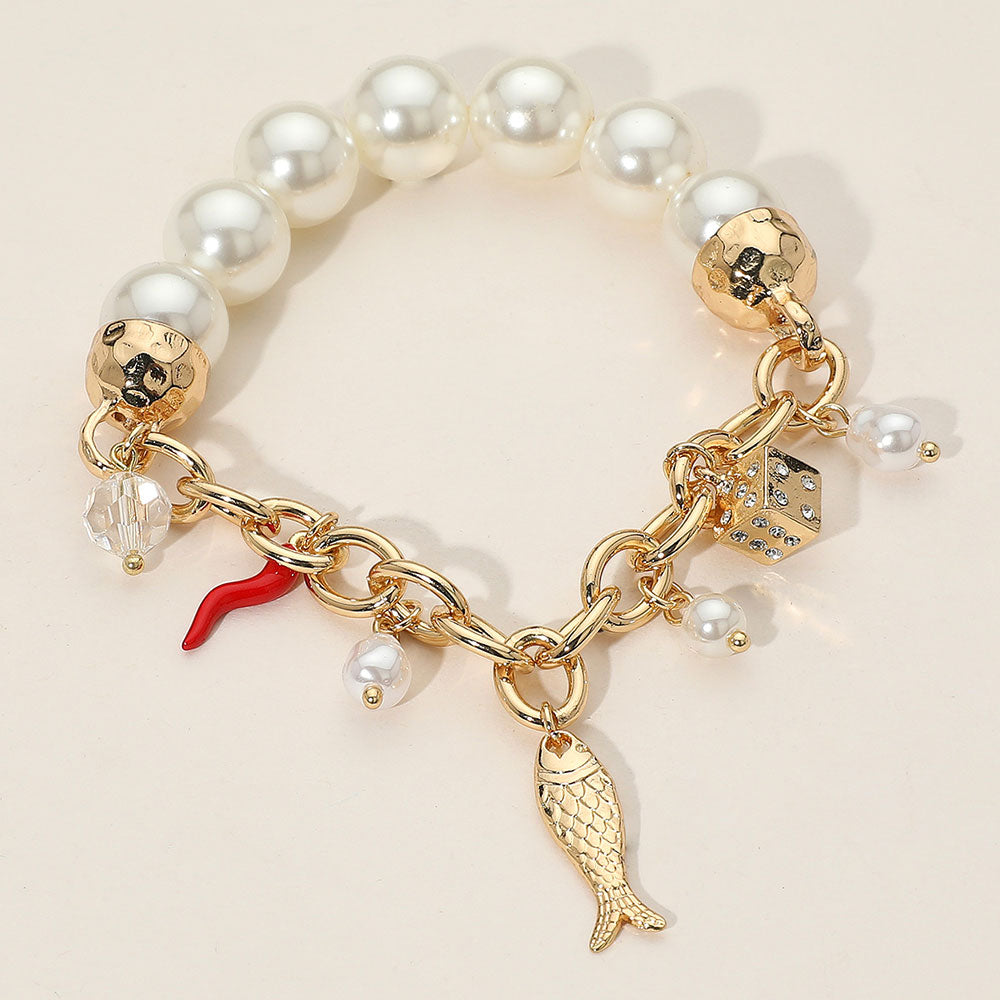 SECRET BOX_Fish Dice Chili Charm Pearl Beaded Stretch Bracelet