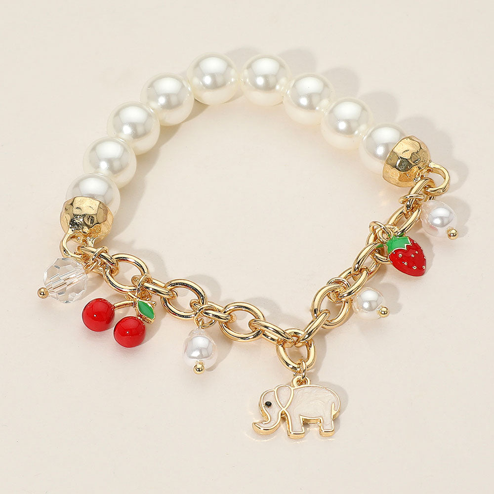 SECRET BOX_Elephant Cherry Strawberry Charm Pearl Beaded Stretch Bracelet
