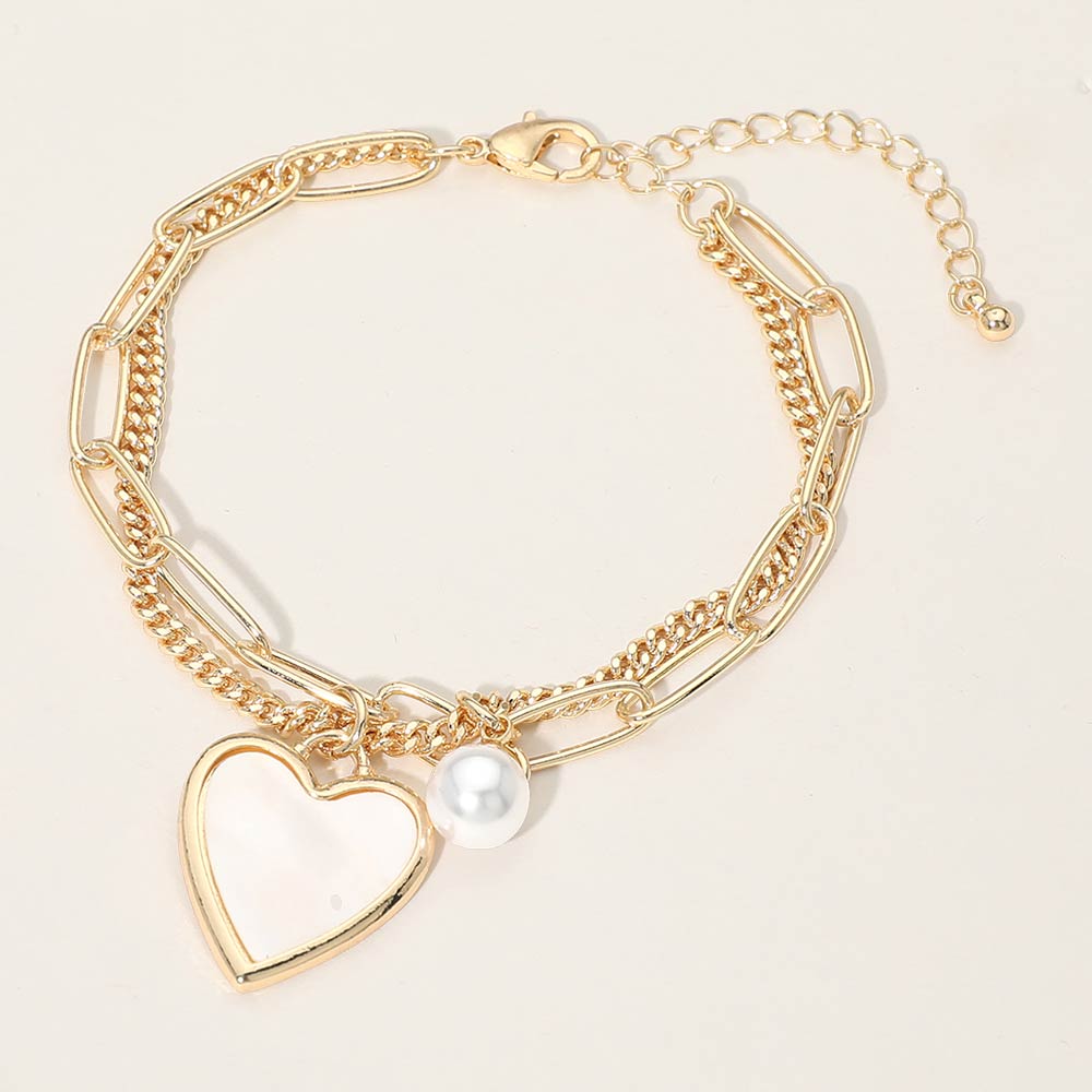Heart Pearl Charm Paperclip Curb Layered Chain Bracelet
