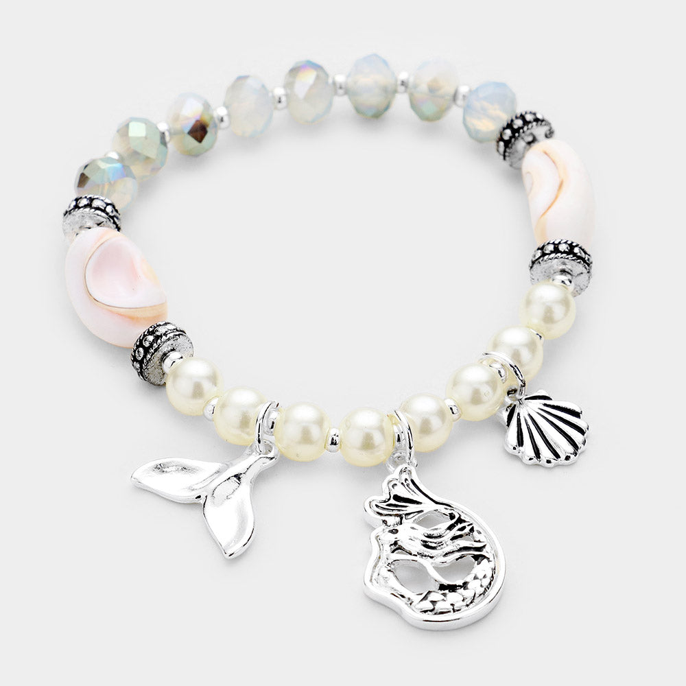 Mermaid and Shell Charm Pearl Bead Stretch Bracelet