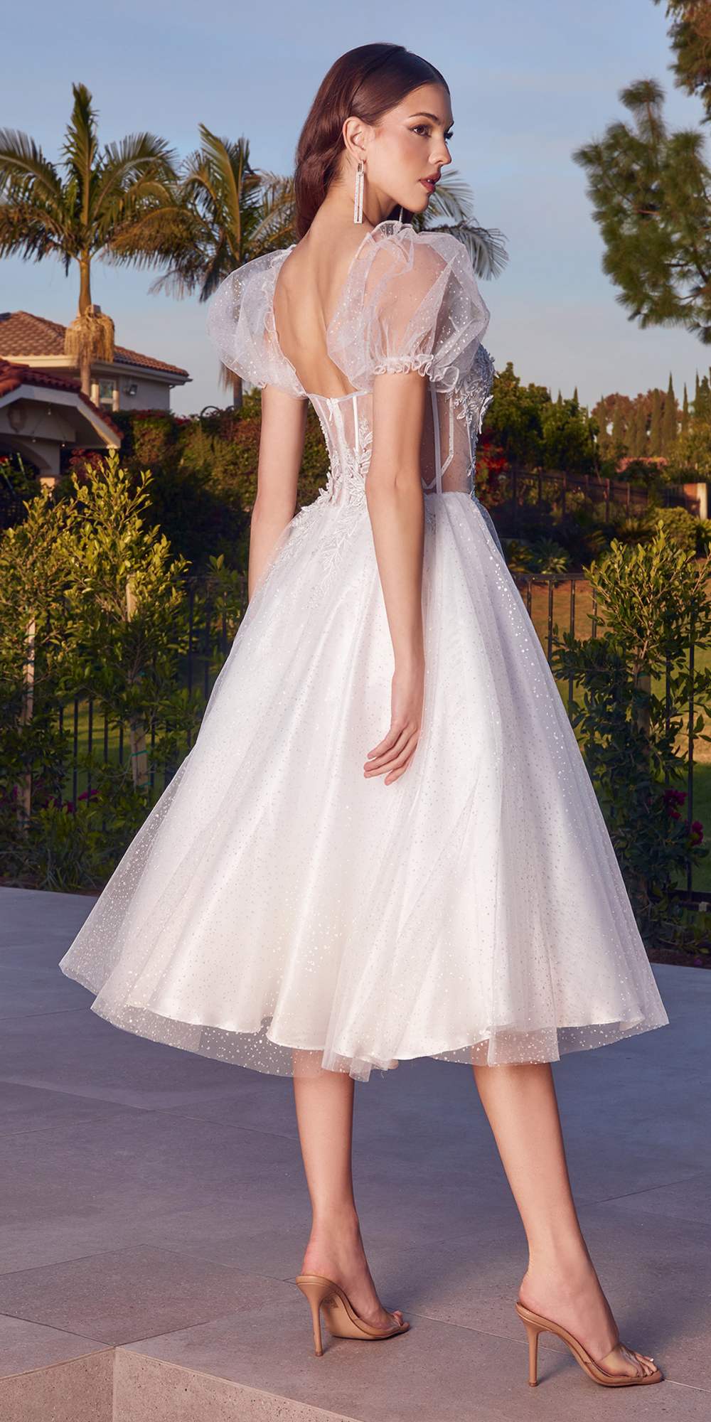 Vestido de tul en capas hasta el tobillo Ladivine CD0187W con mangas cortas abullonadas