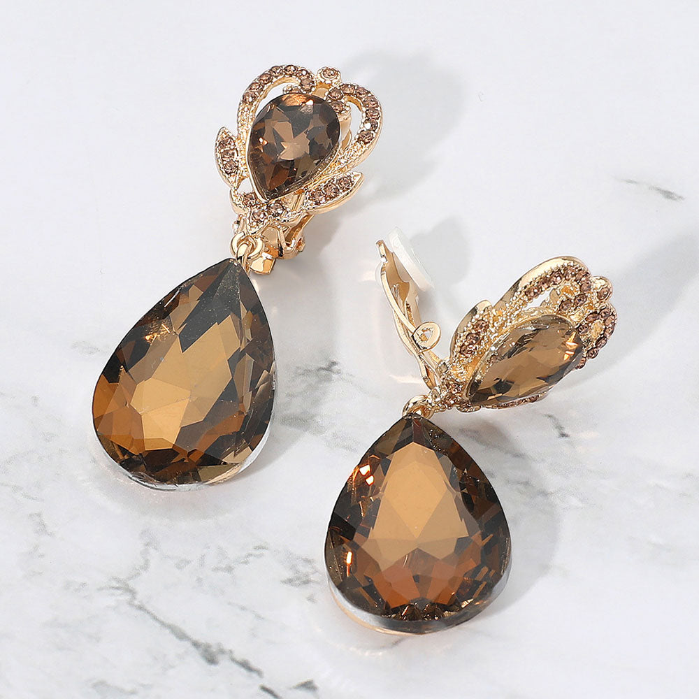 Pendientes de noche con clip, colgantes, de piedra facetada en forma de lágrima, con parte superior ornamentada