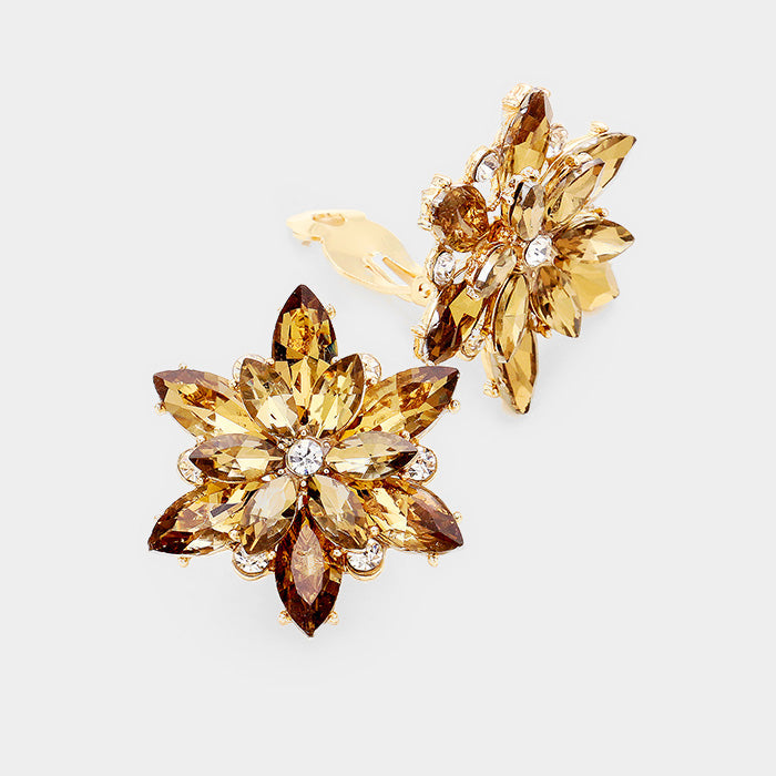 Crystal Flower Clip on Evening Earrings