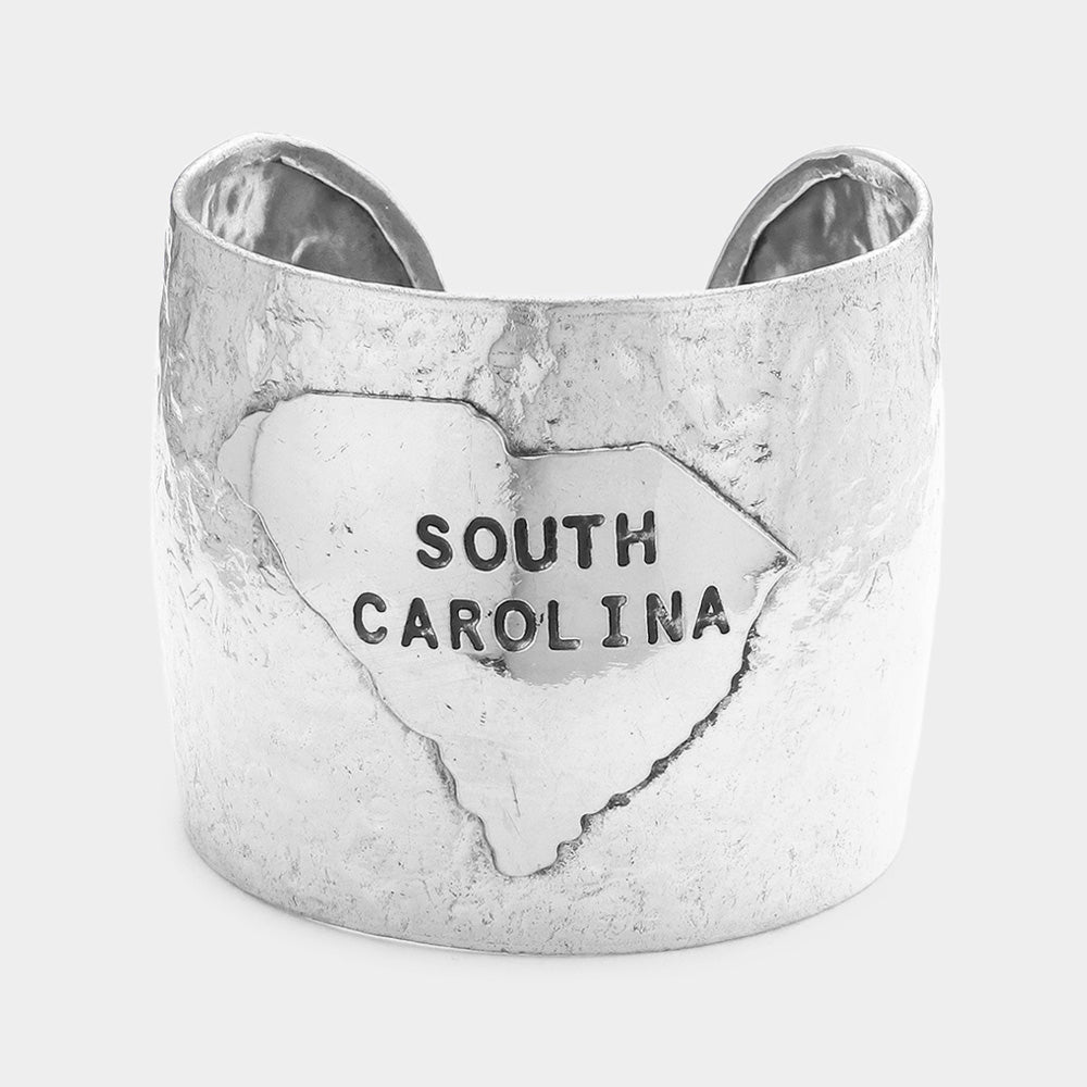 South Carolina State Map Hammered Wide Metal Cuff Bracelet