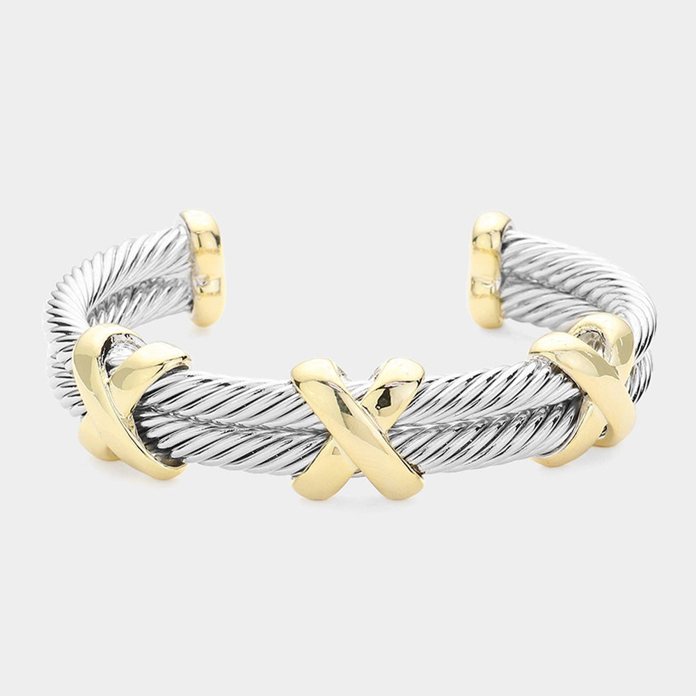 14K Gold Plated Two Tone Crisscross Pointed Double Twisted Metal Cuff Bracelet