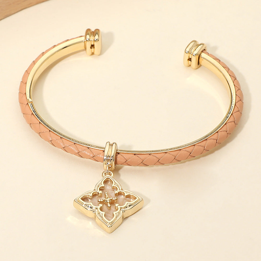 Floral Charm Accent Faux Leather Braided Cuff Bracelet