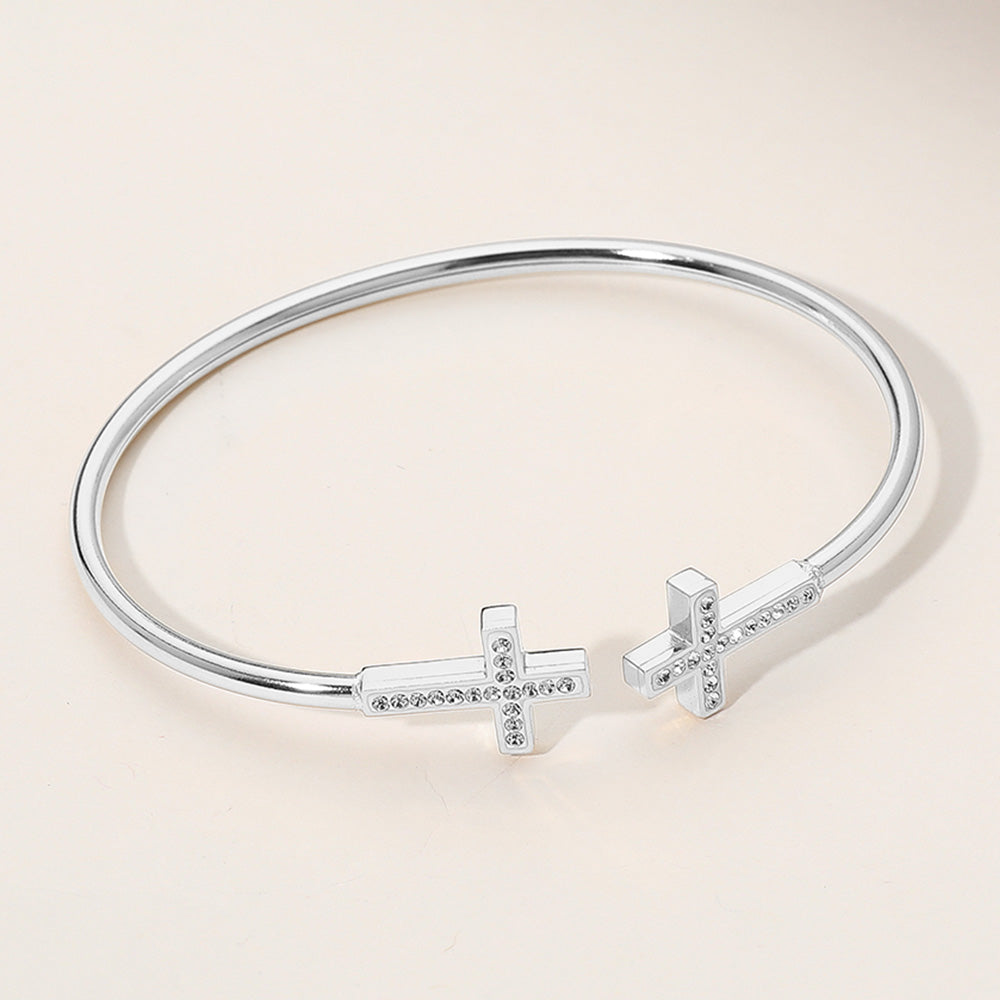 Stainless Steel Stone Paved Cross Tip Cuff Bracelet