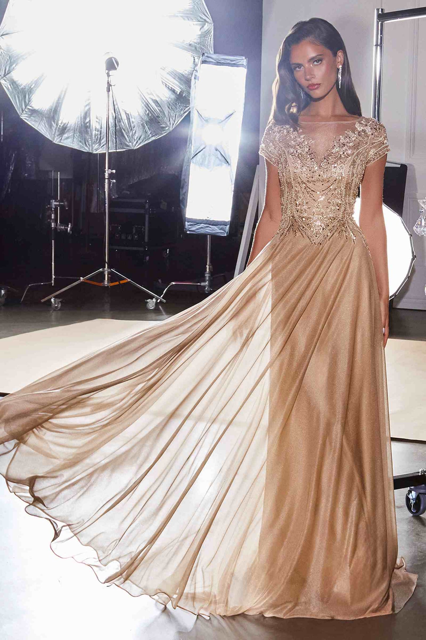 Vestido formal de corte A con mangas casquillo y cuentas doradas CL11 Ladivine
