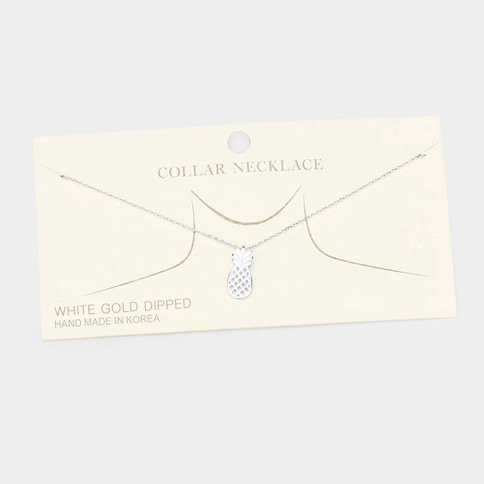 White Gold Dipped Metal Pineapple Pendant Collar Necklace