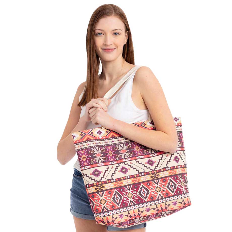 Bolsa de playa grande con estampado azteca
