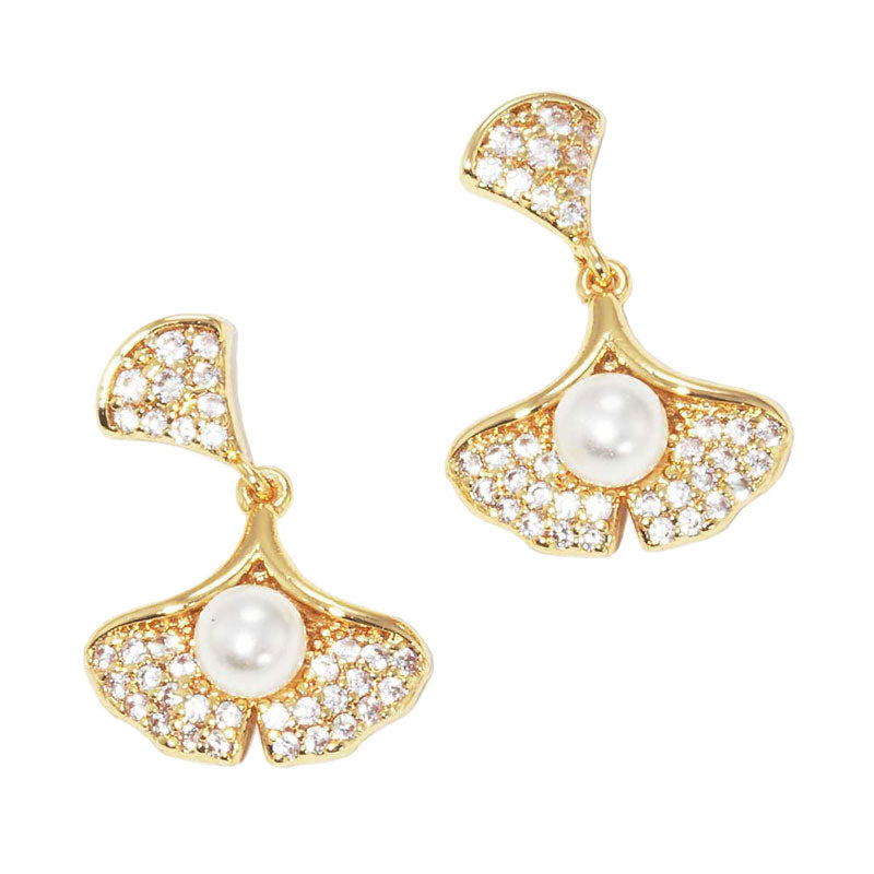 Pearl Accented CZ Gold Dipped Ginkgo Leaf Dangle Earrings