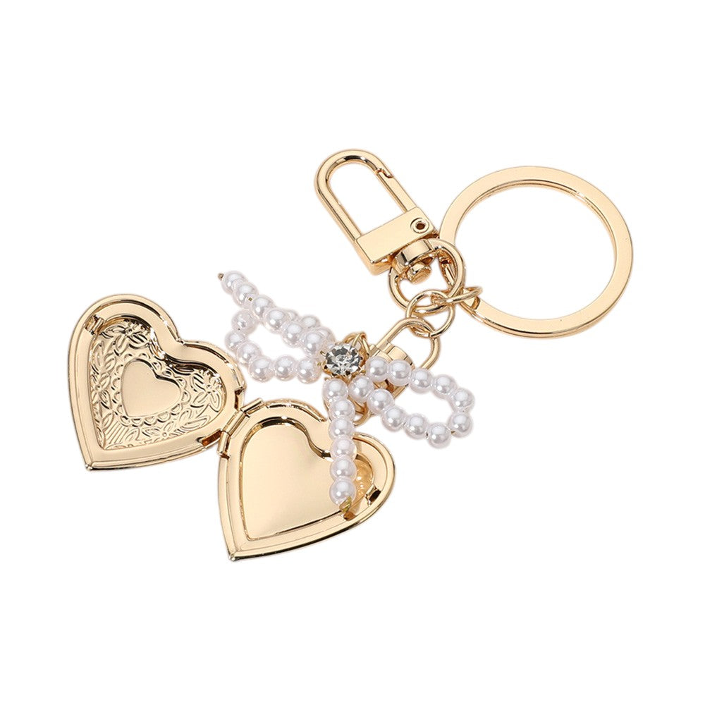 Pearl Beaded Bow Pointe Metal Heart Locket Bag Charm
