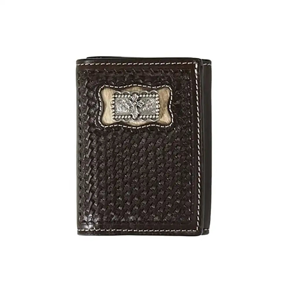 Cartera triple de hombre con concho de cruz e incrustaciones 3D de pelo de ternera
