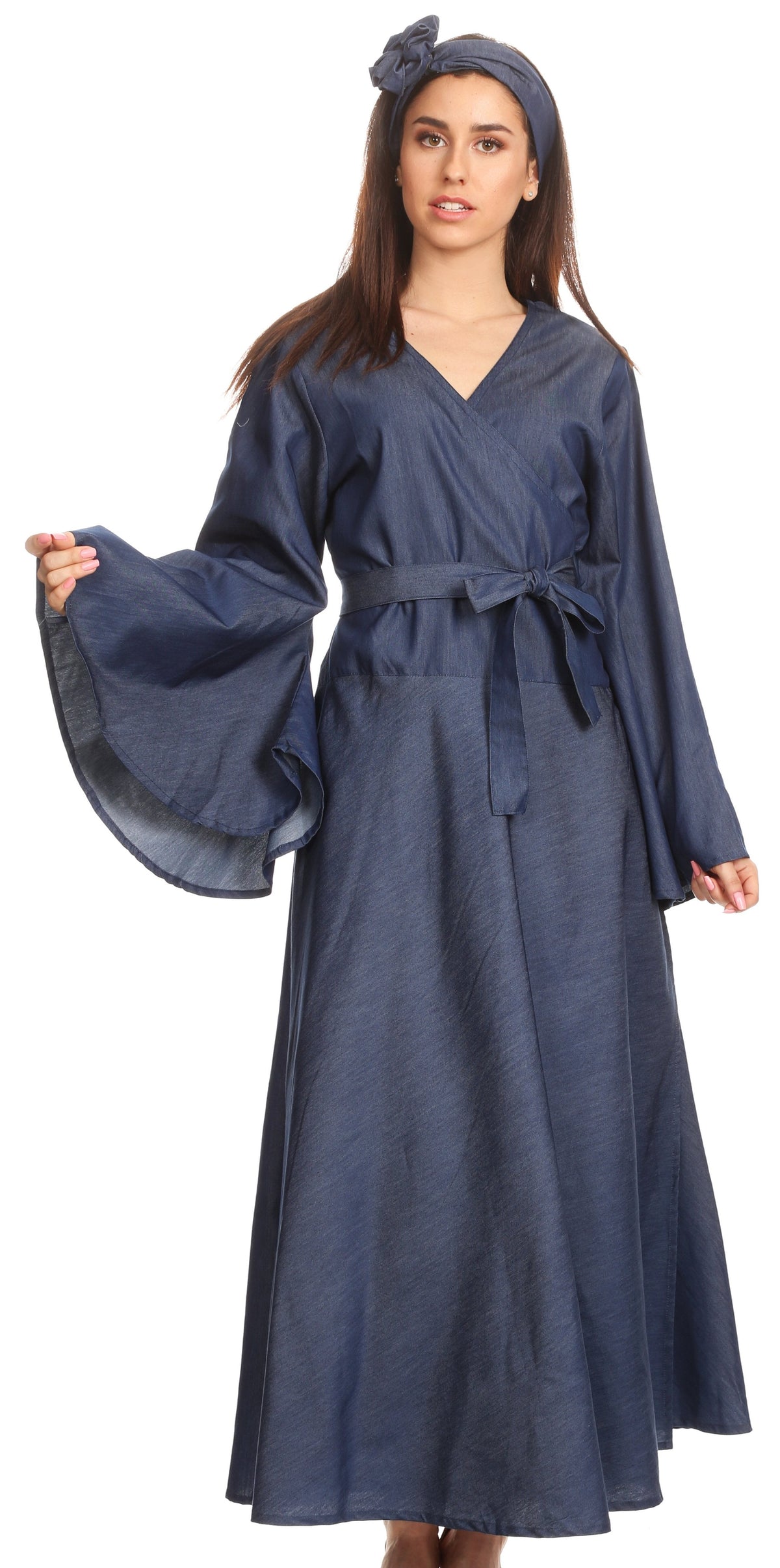 Sakkas Ximena Long Wrap Around Bell Sleeve Chambray Full Circle Dress Casual