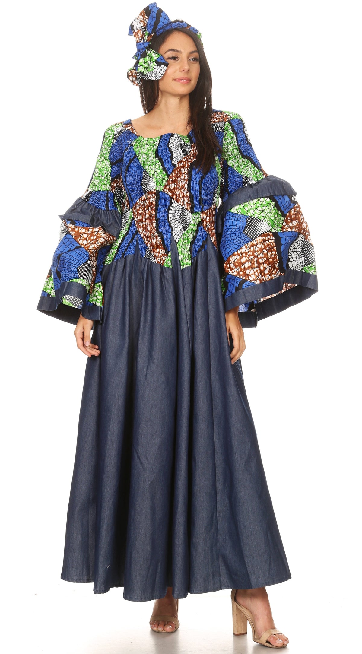 Sakkas Abayomi Wax African Ankara Chambray Peasant Medieval Casual Long Dress