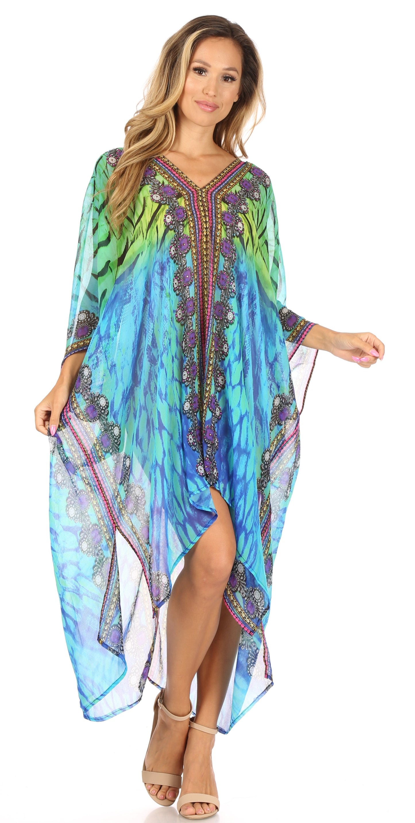 Sakkas Livi Women's V Neck Beach Dress Cover up Caftan Top Loose with Rhinestone