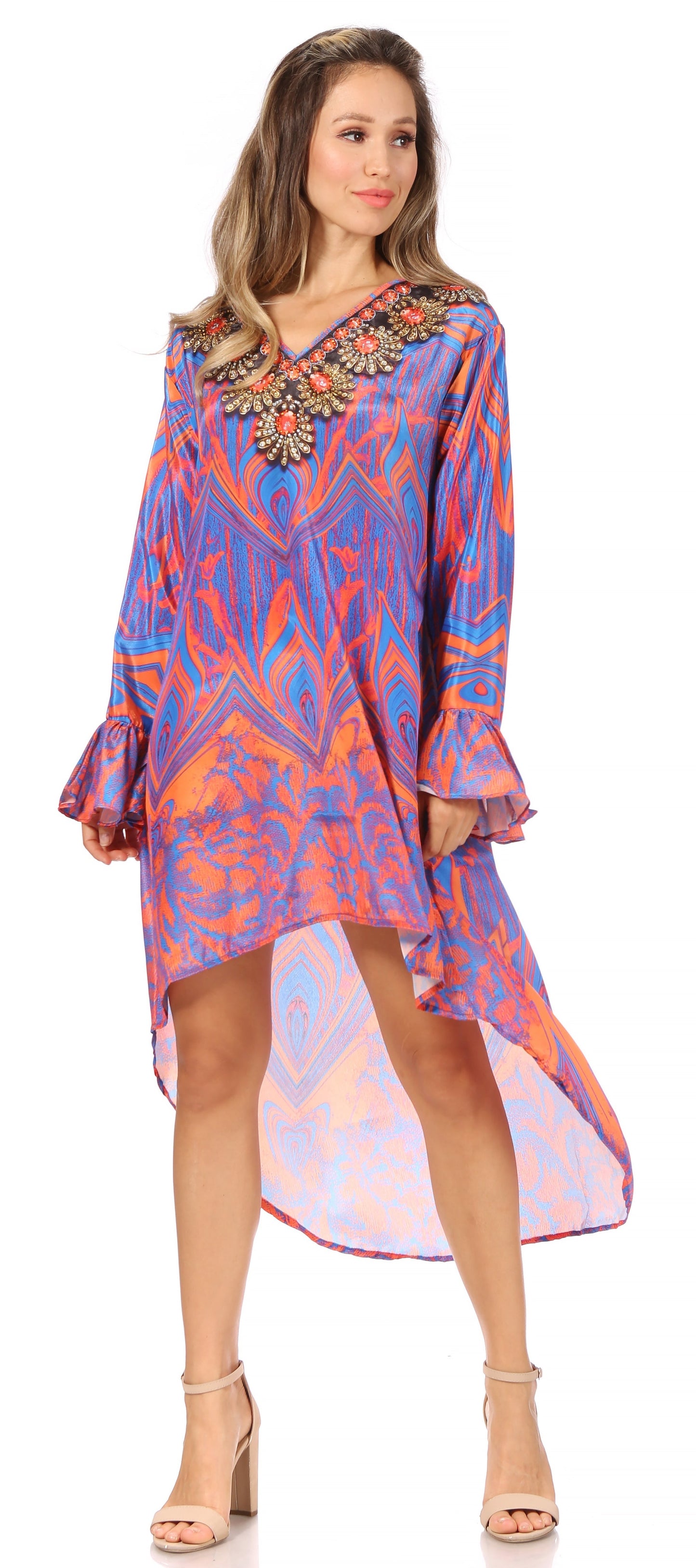 Sakkas Rema Women's Boho Shift Tunic High Low V-neck Long Sleeve Dress with Print