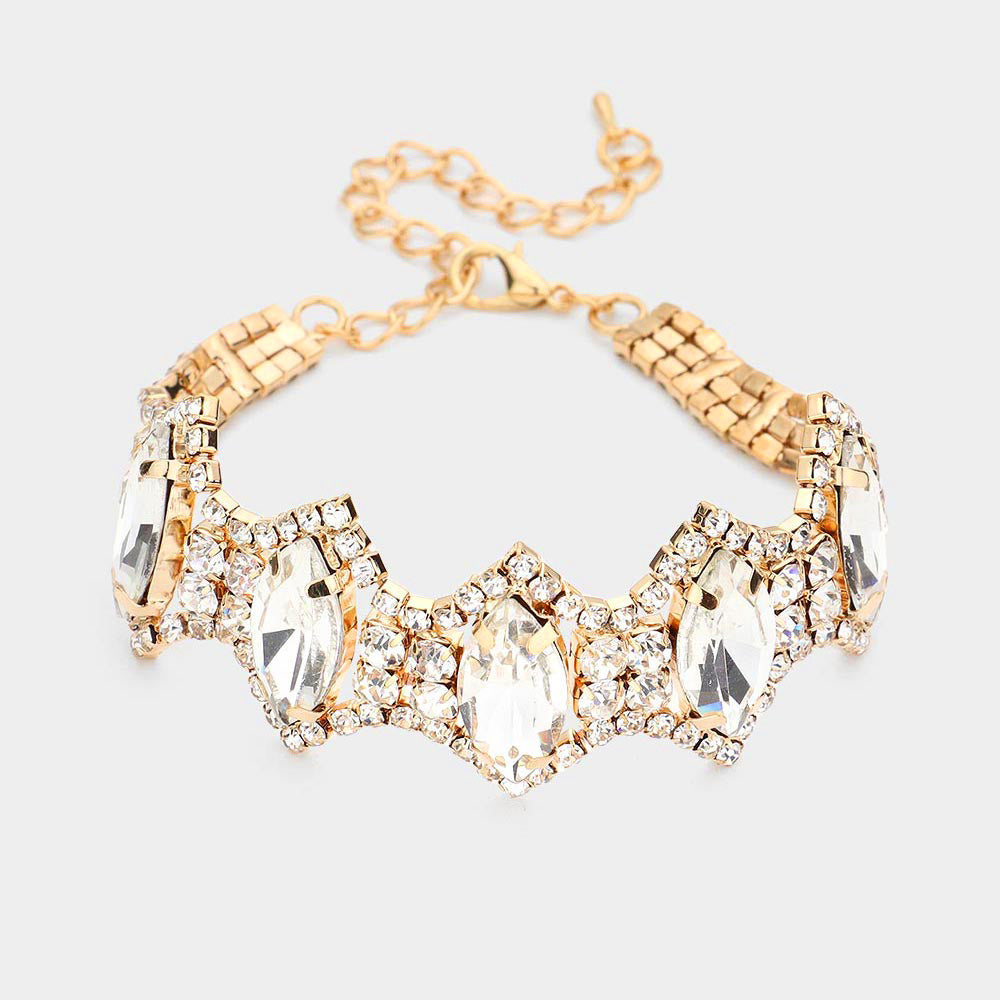 Marquise Glass Stone Cluster Link Rhinestone Pave Evening Bracelet