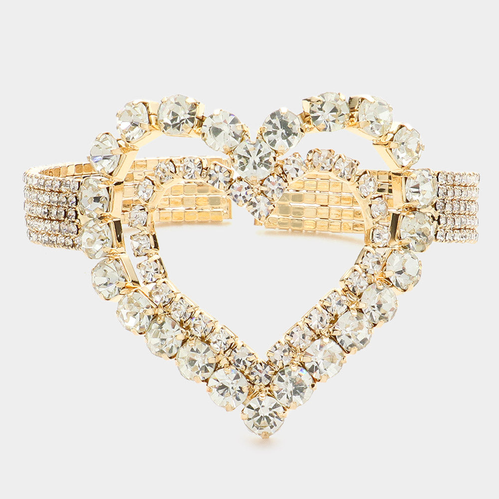 Stone Embellished Open Heart Cuff Evening Bracelet