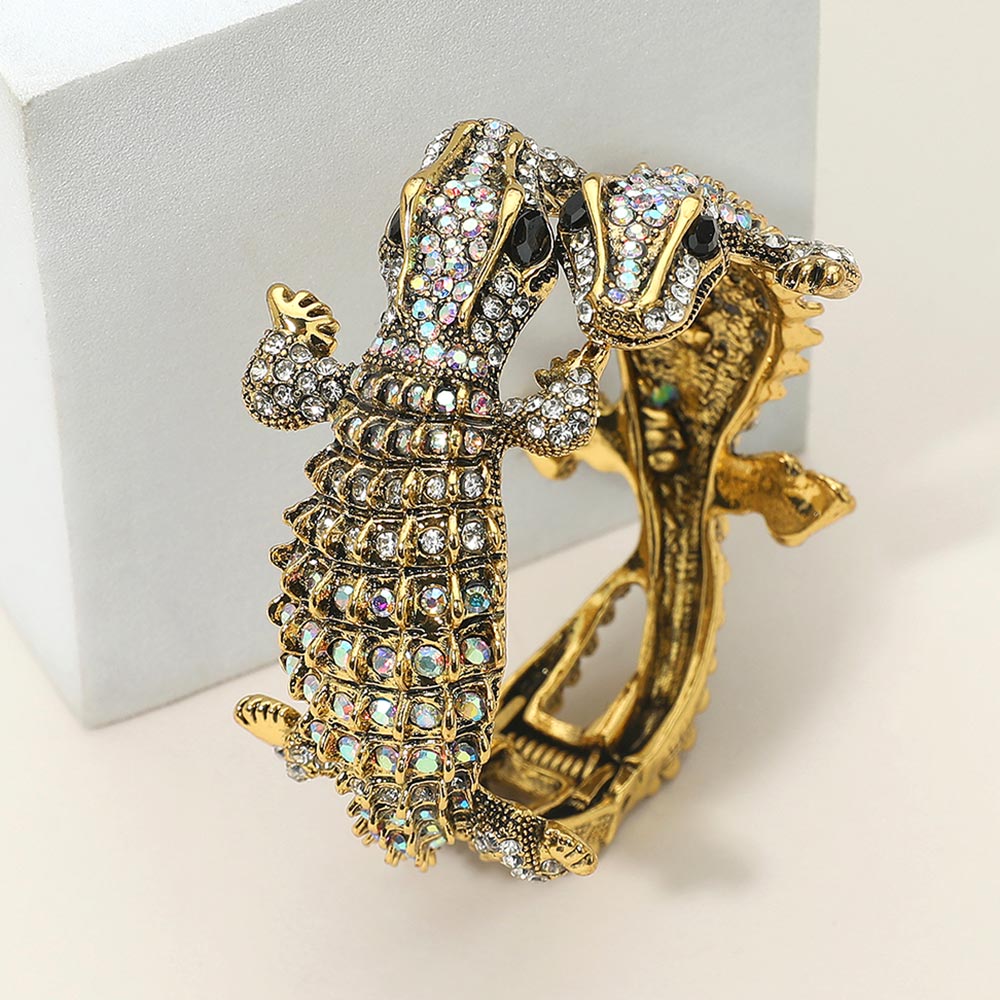 Crystal Rhinestone Double Crocodile/Alligator Evening Hinged Cuff Bracelet