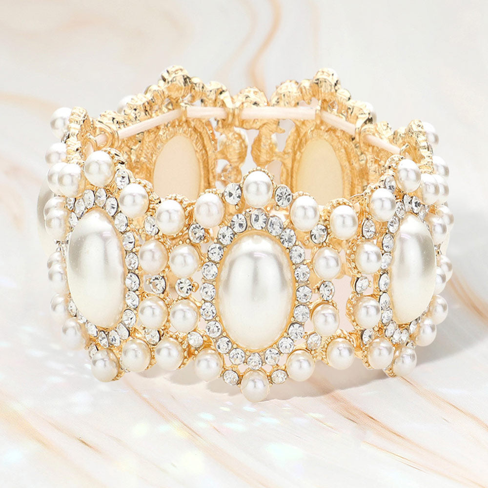 Oval Pearl Accented Link Stretch Evening Bracelet