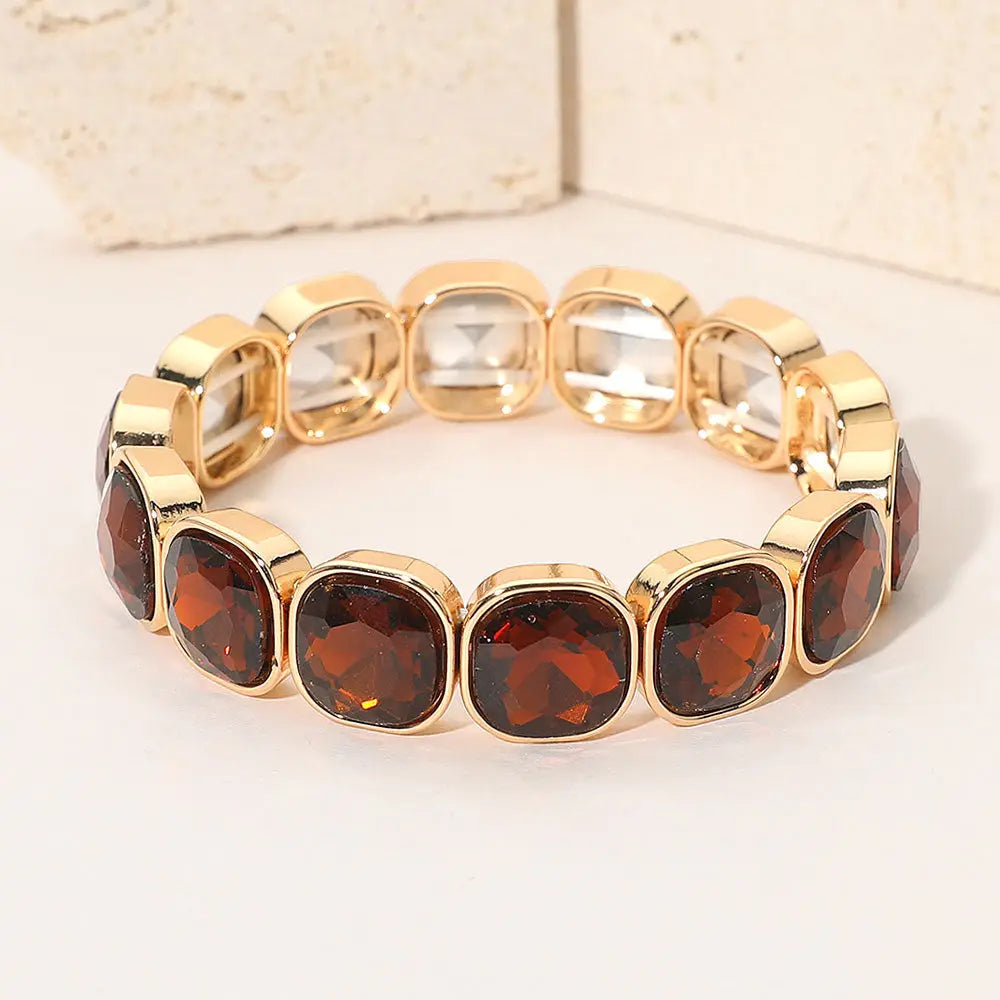 Square Cut Gem Beaded Stretch Evening Bracelet