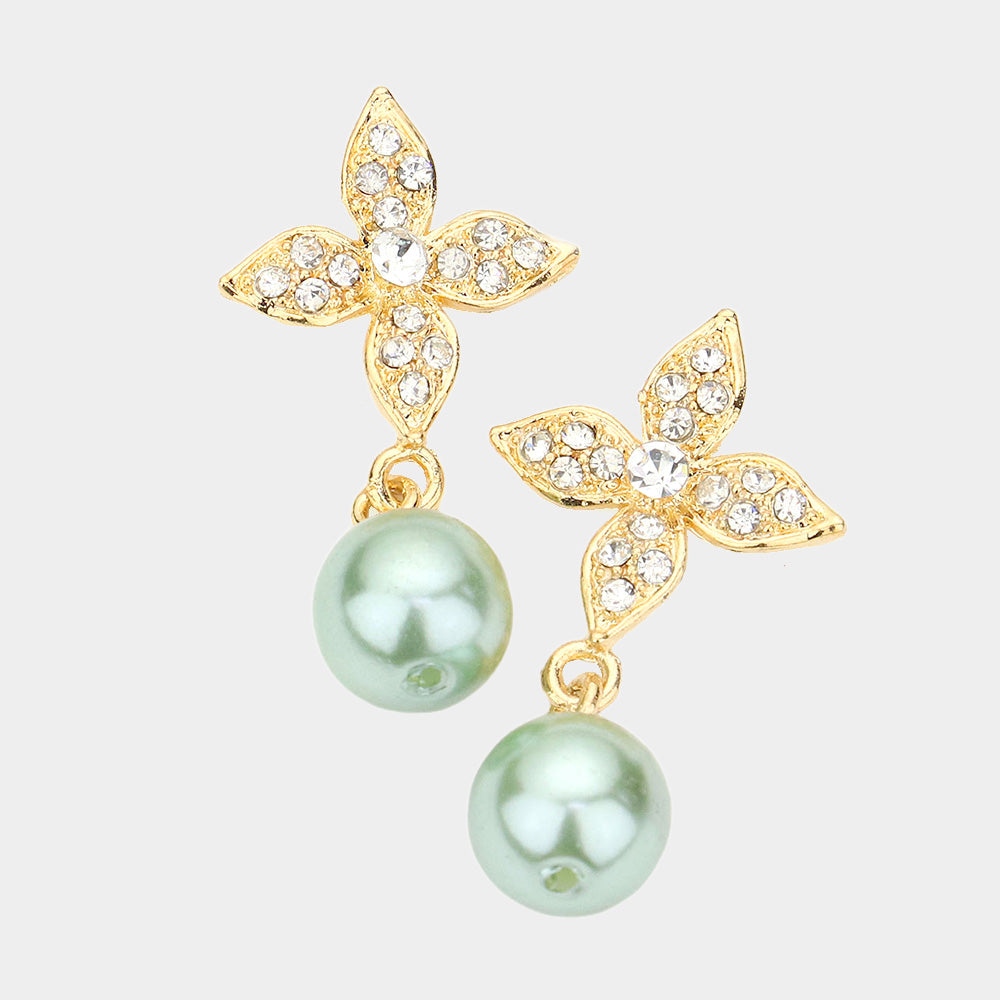 Elegant Floral Motif Crystal Pearl Drop Earrings