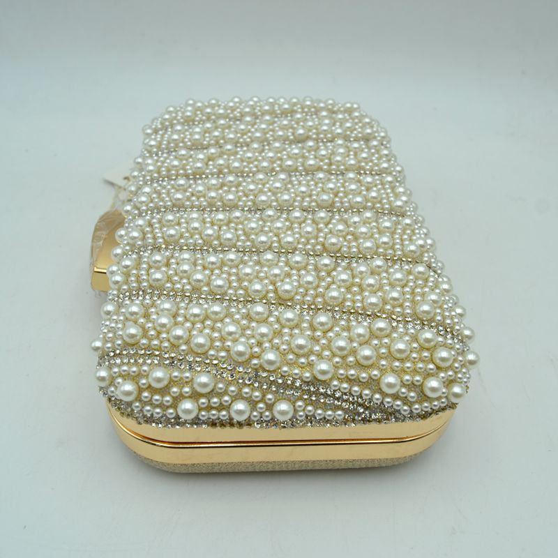 Beaded Evening Clutch Bag with Rhinestone Stripes and Chain Strap