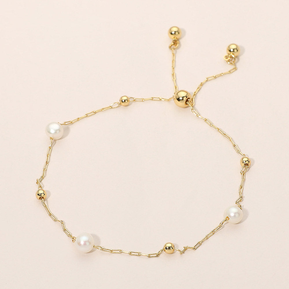 Pearl Metal Ball Bead Chain Adjustable Cinch Pull Tie Bracelet