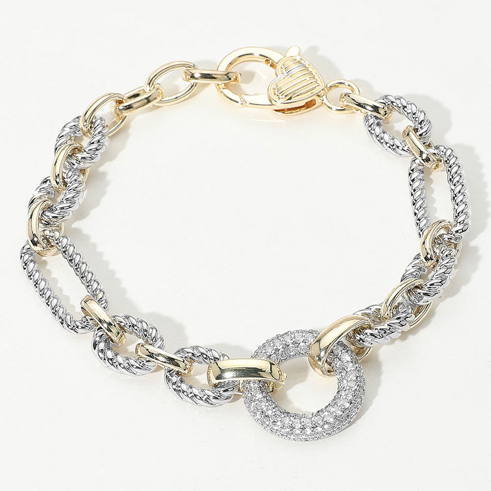 14K Gold Plated CZ Stone Paved Ring Link Two Tone Bracelet