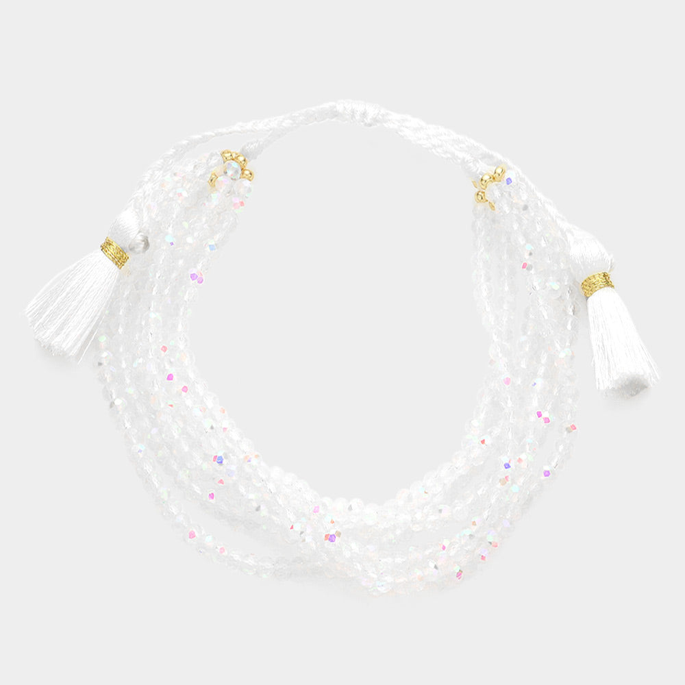Multi Layered Faceted Beaded Tassel Cinch Pull Tie Bracelet