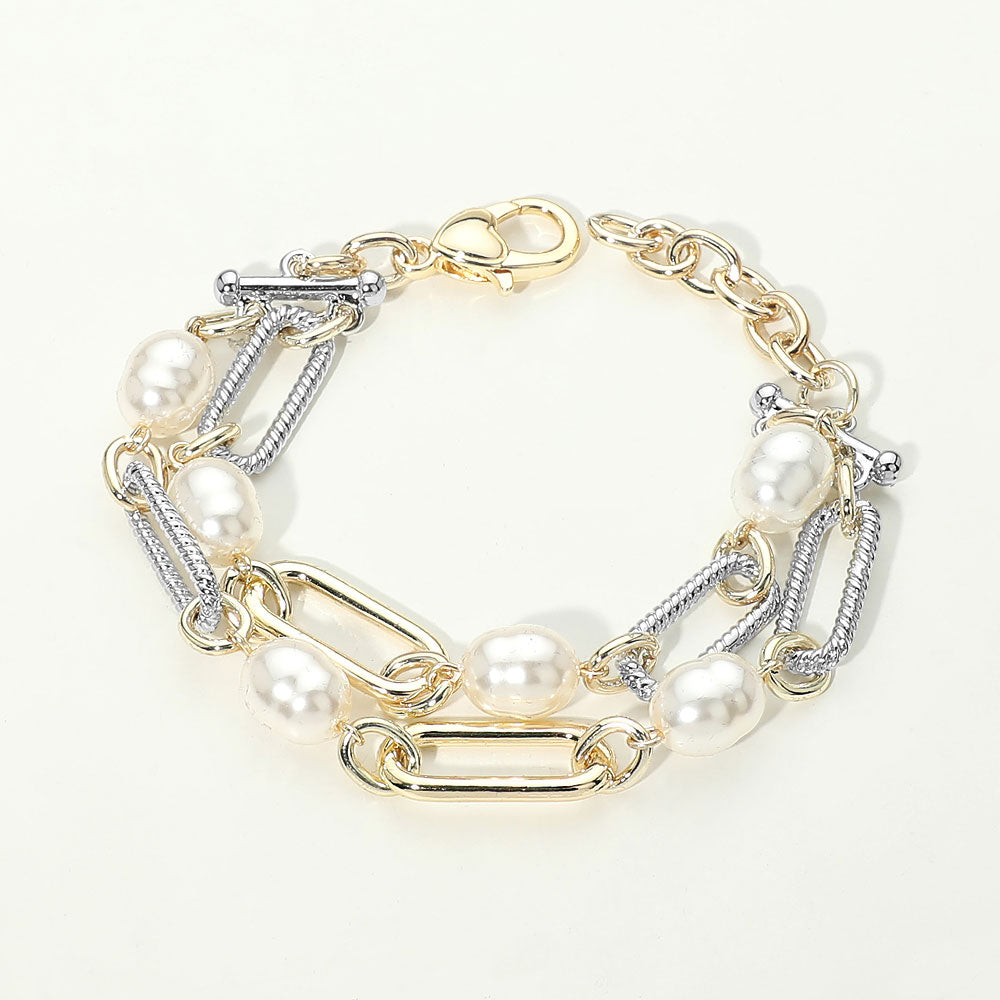 14K Gold Plated Two Tone Mixed Chain Pearl Link Layered Bracelet