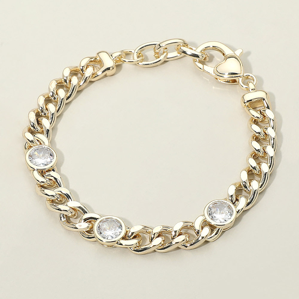 14K Gold Plated Round CZ Bezel Station Chunky Curb Chain Bracelet