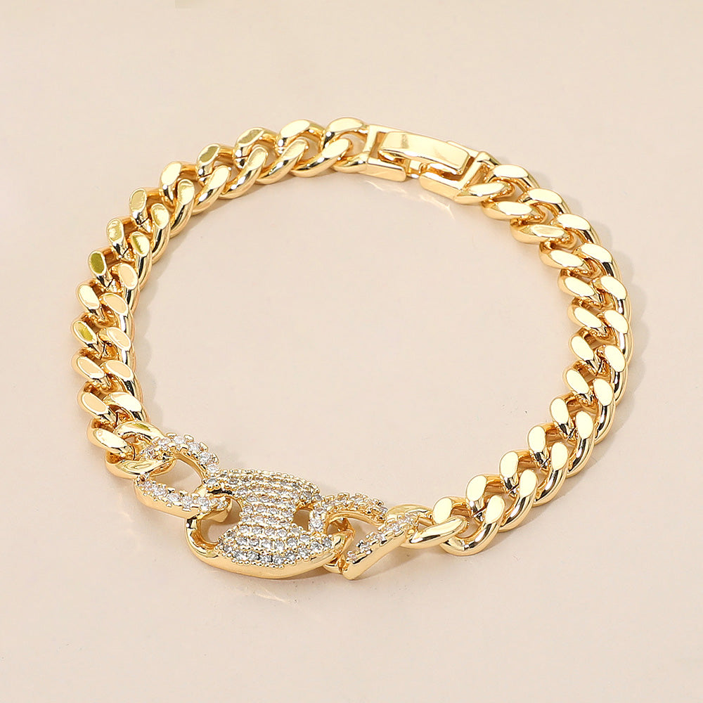 CZ Stone Paved Mariner Link Charm Accent Cuban Link Chain Bracelet